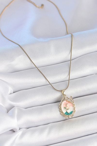 Clariss 316L Steel Gold Color Chain Mix Color Flower Embroidered Zircon Stone Detailed Portrait Model Women's Necklace