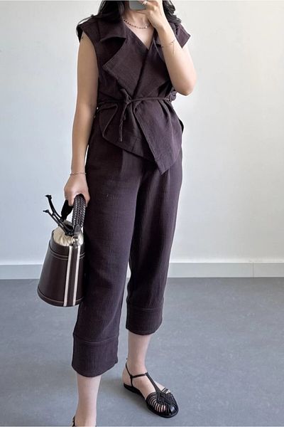 Suzi Women's Linen Suit with Waist Tie Vest Cr4003