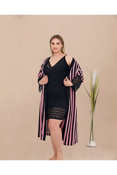 Lady Lingerie Sabahlıklı Battal Beden Kadın Gecelik 2'li Takım