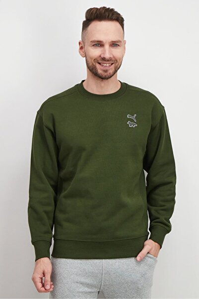 Puma Men Sports Fit Crew Neck Embroidered Logo Sleeve Sweatshirts, Green