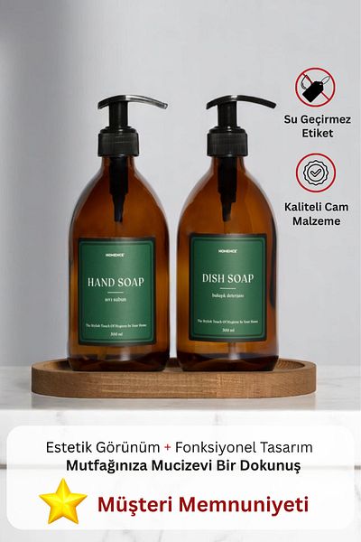 homence Amber Glass Liquid Soap - Pack of 2, Wooden Stand, Green Label, 500ml Dishwashing Detergent