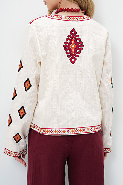 VAGGON Γυναικείο μπεζ έθνικ μοτίβο μπροστινό δεμένο καλοκαιρινό λινό μπουφάν Prmx14097