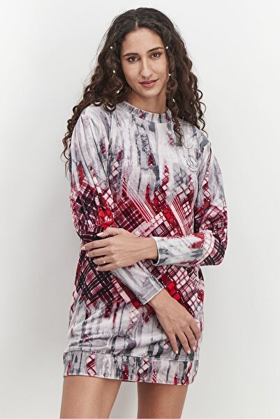 Juicy Couture Women Round Neck Plaid Puff Sleeve Dress, Purple and Red Combo