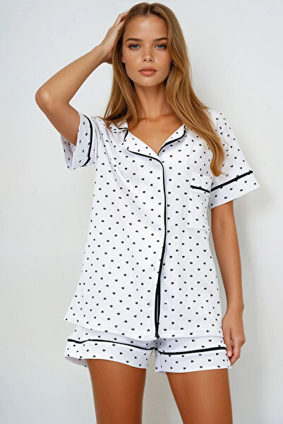 VAGGON Kadın Mini Kalp Siyah Tek Cepli Biye Detaylı Pamuklu Gömlek Ve Şortlu Pijama Takımı Pjmx13911