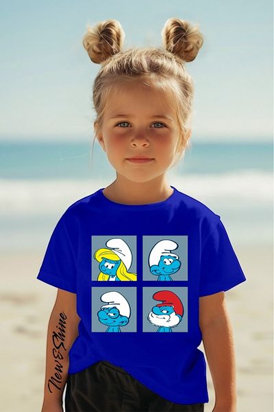 New Shine 1 tricou este un cadou pentru achiziții de 6 și mai sus în coș - Tricou pentru copii oversize imprimat cu imprimeu Smurfs