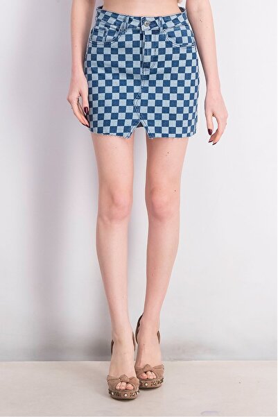 Jennyfer Women Checkered Mini Skirt, Denim Blue