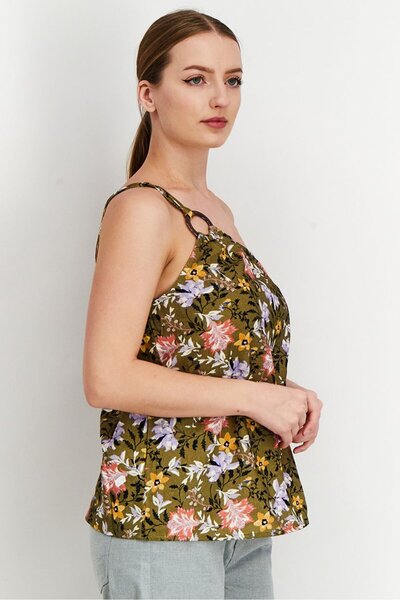 PROMOD Women Asymmetric Neck One Shoulder Floral Blouse, Brown Combo