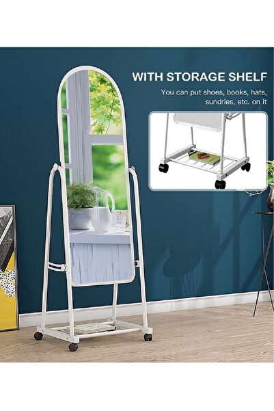 Primo Plus Full Length Glass Standing Mirror with Adjustable Stand and Wheels White