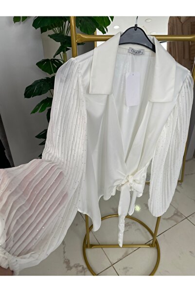 Anka Kolları taşlı tüllü kruvaze gömlek