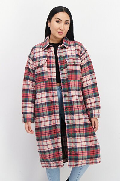 Eddie Bauer Women Spread Collar Checkered Jacket Shirt, Red Combo