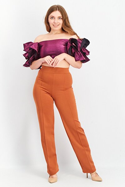 Yaura Women Off Shoulder Ruffle Sleeve Plain Cropped Top, Purple