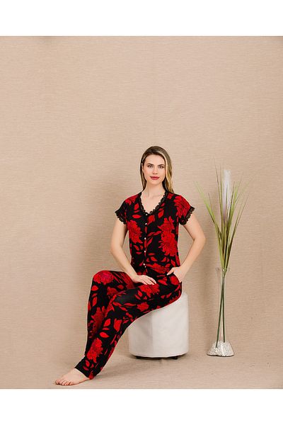Lady Lingerie Short Sleeve Floral Patterned Buttoned Women's Pajama Set