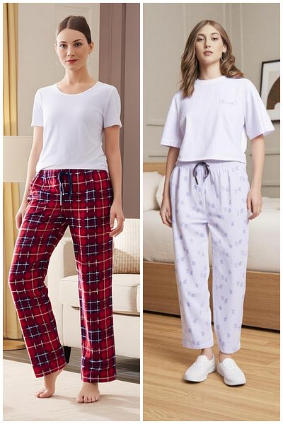 Elemge 2 Pack Patterned Women's Pajama Bottom Comfortable Fit with Ribbon Relaxfit Stretchy Red-White Soft