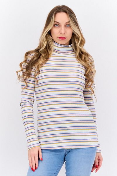 Weatherproof Women Turtle Neck Long Sleeve Stripe Sweatshirt, White Combo