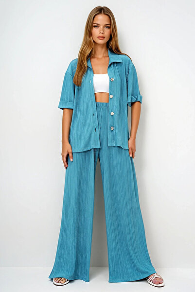 VAGGON Women's Mint Green Double Cuff Gold Button Detailed Pleated Shirt and Palazzo Pants Set