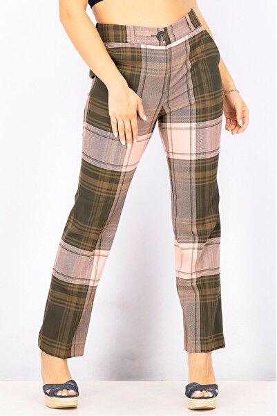 Uterqüe Women Regular Fit Checkered Pants, Pink and Brown