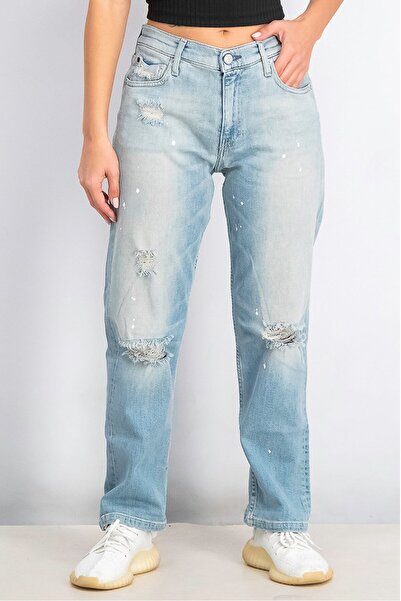 Calvin Klein Jeans جينز نسائي ضيق من الأسفل، ممزق، متوسط الارتفاع، قابل للتمد...