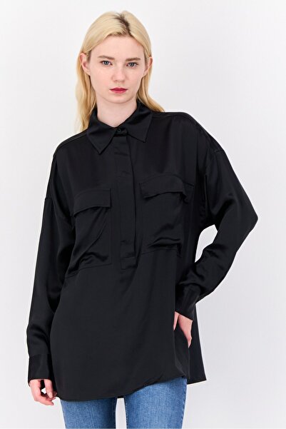 Esprit Women Pointed Collar Long Sleeve Plain Shirt, Black
