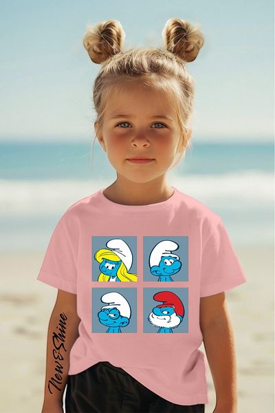 New Shine 1 tricou este un cadou pentru achiziții de 6 și mai sus în coș - Tricou pentru copii oversize imprimat cu imprimeu Smurfs