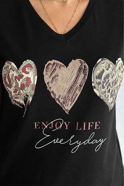 FEMELLE Tricou de damă, negru, cu decolteu în V, cu paiete, brodat, 100% bumbac