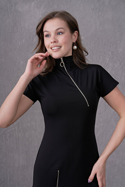 bayansepeti Modern Style Straight Cut Zipper Design Black Midi Length Dress 2175
