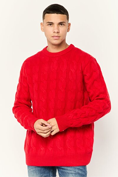 Esprit Men Ribbed Collar Knitted Sweater, Red