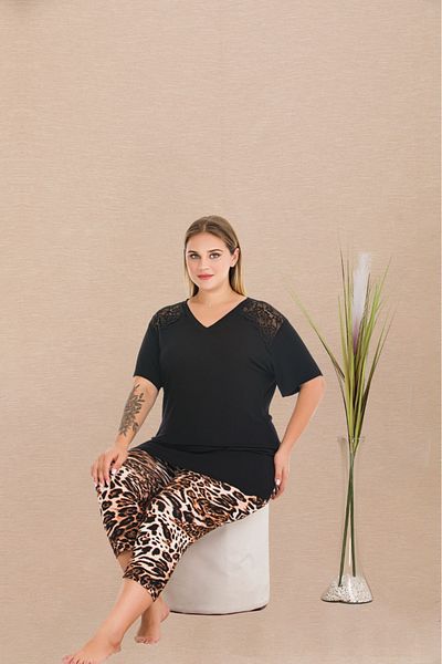 Lady Lingerie Set de pijamale supradimensionate pentru femei cu mâneci scurte, cu decolteu în V, cu imprimeu leopard, jambiere capri
