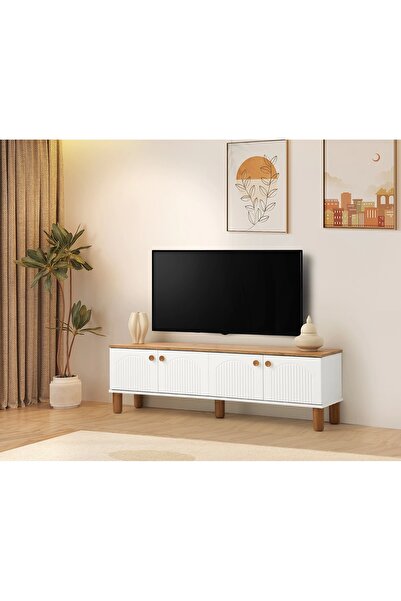 Evistro Tv Sehpası 4 Kapaklı Beyaz-Meşe 160cm Kurulu Gönderilir