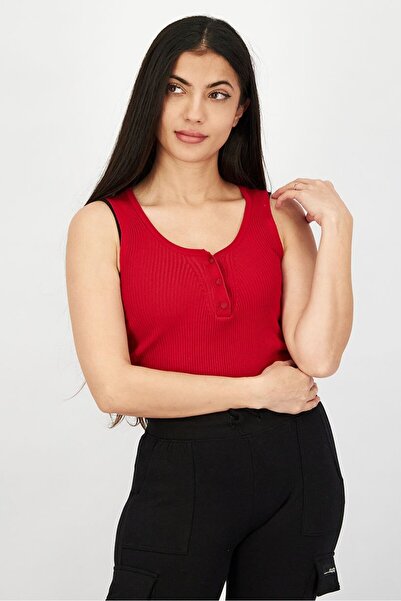 John Richmond Women Round Neck Sleeveless Ribbed Top, Red