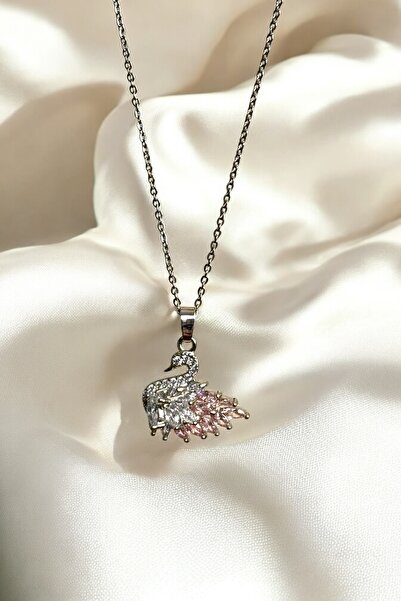 Elifsu Jewelry بجعة فضية اللون الزركون حجر الصلب قلادة