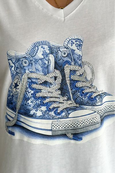 FEMELLE Tricou alb de damă cu decolteu în V, brodat cu paiete, 100% bumbac