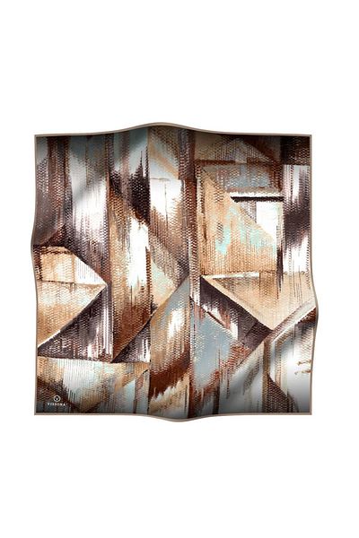 Vissona Μπεζ Χρώμα Γεωμετρικό Μοτίβο 100% Twill Silk Effect 90x90 Κασκόλ - Ράψιμο στο χέρι