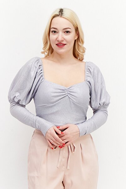 Miss Selfridge Women Square Neck Long Sleeve Metallic Blouse, Silver