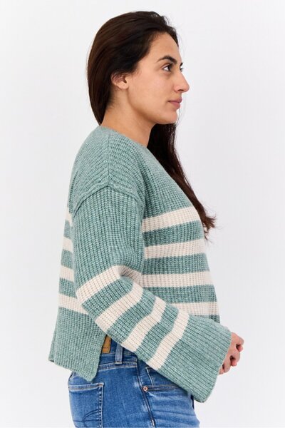 PİNK ROSE Women Crew Neck Stripes Crop Sweater, Multicolor