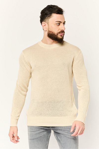 Esprit Men Crew Neck Long Sleeve Crochet Sweater, Beige