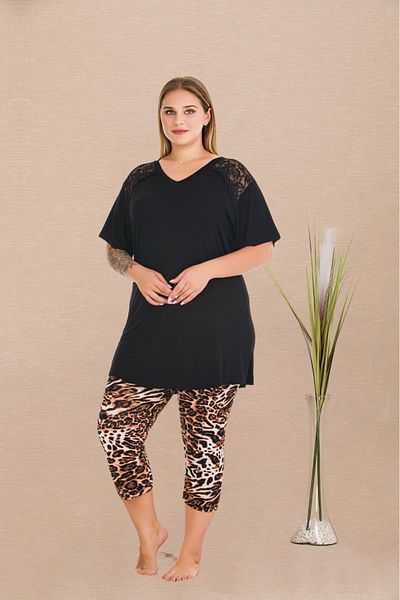 Lady Lingerie Set de pijamale supradimensionate pentru femei cu mâneci scurte, cu decolteu în V, cu imprimeu leopard, jambiere capri