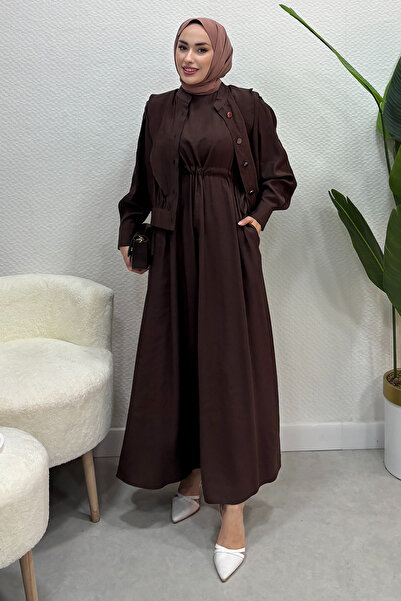 Tesettür Diyarı فستان جيليه نسائي صيفي من القماش الرقيق مع سترة - بني