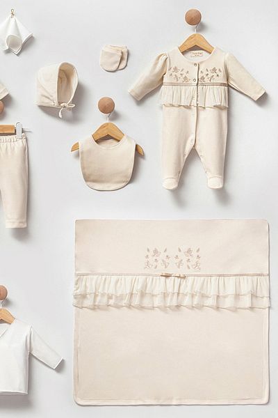 Cassiope Soft Touch Cotton Soft Textured 10 Piece Baby Girl Hospital Discharge Set with Ruffled Embroidery Detail