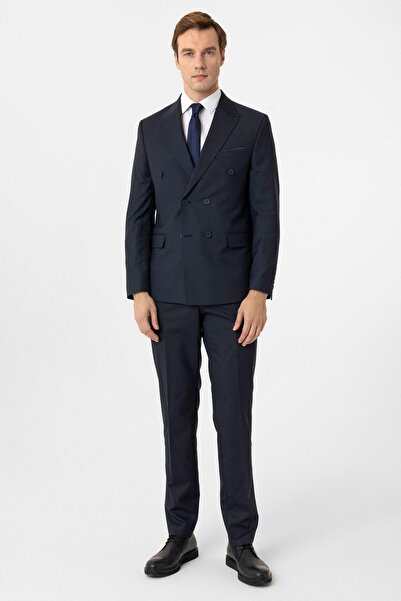 SÜVARİ Süvari Slim Fit Striped Navy Blue Double Breasted Suit