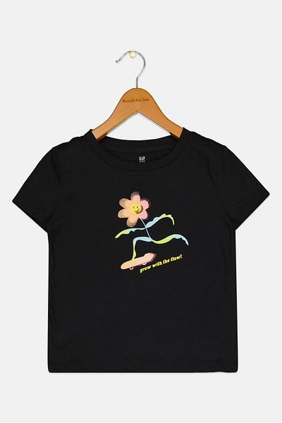 GAP Kids Girl Round Neck Short Sleeve Floral Print T-Shirt, Black