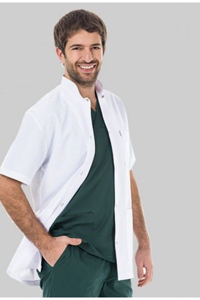 DEMOTEKS Men's White Short Medical Lab Coat Uniform With Three Pockets, Short Sleeves, Tunic Collar