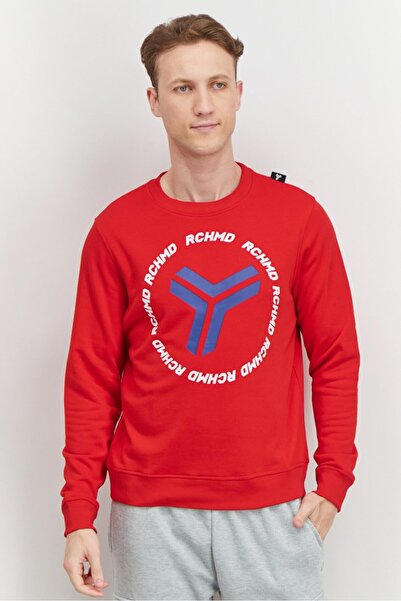 John Richmond Men Sportswear Fit Crew Neck Brand Logo Sweatshirt, Red