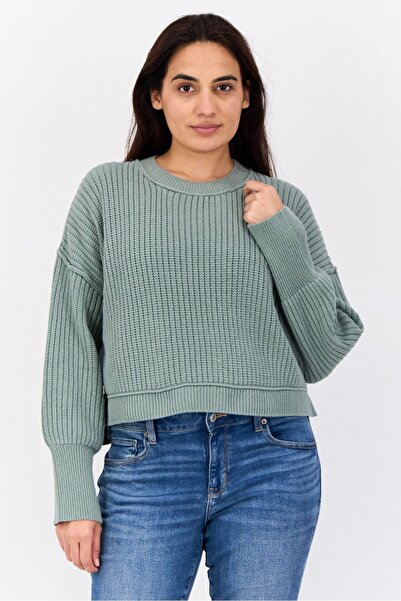 PİNK ROSE سترة نسائية محبوكة بياقة مضلعة، لون أخضر حكيم