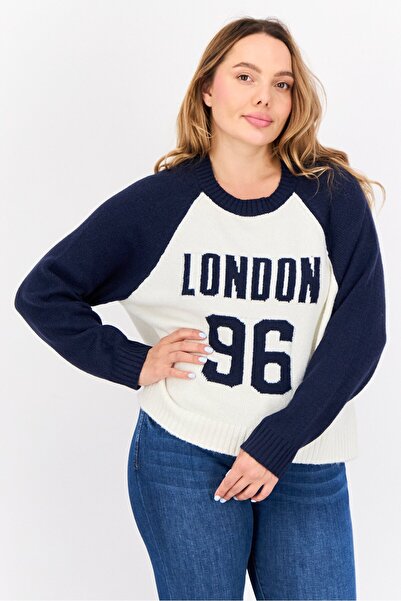 No Comment Women Crew Neck Two-Tone Conversational Slogan Sweater, Ivory