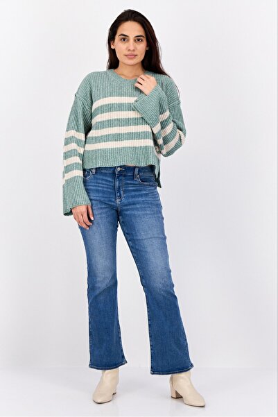 PİNK ROSE Women Crew Neck Stripes Crop Sweater, Multicolor