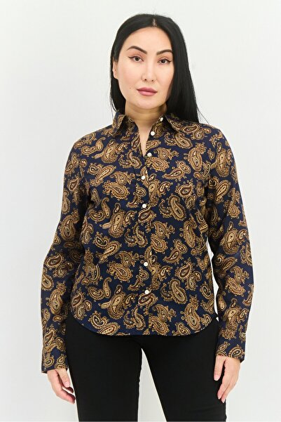 Gant قميص نسائي بأكمام طويلة وياقة واسعة ونقشة بيزلي، أزرق داكن