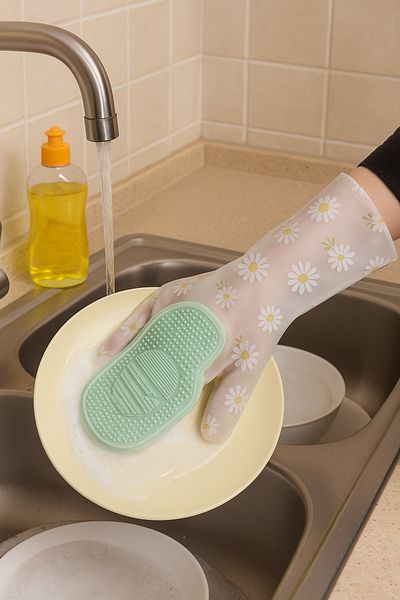 Hanedanev Dishwashing Gloves Waterproof Pattern Kitchen Washing Gloves Brushed Surface Enf893