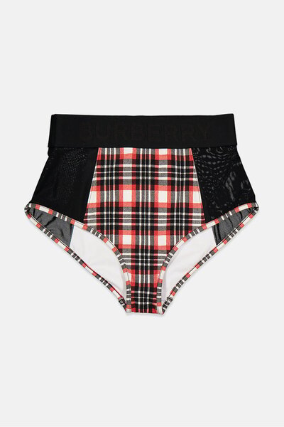 BURBERRY Women Checkered Swimwear Bottoms, Black and Red Combo