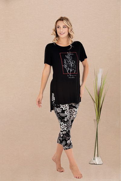 Lady Lingerie Set pijamale de damă cu jambiere capri cu mâneci scurte cu flori