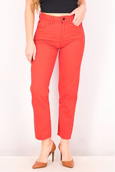 Reserved Women Mom Fit Five Pocket Straight Jeans, Red